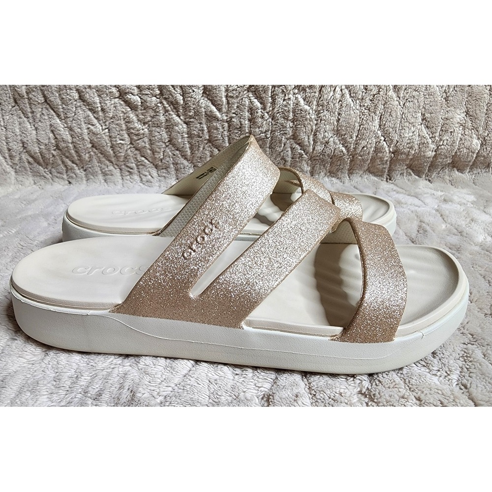 Crocs Brooklyn Glitter Low Wedge Sandals Gold Cream Slides Womens Size 9